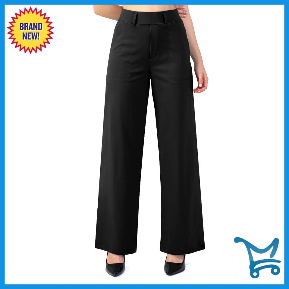 Wide Leg Pull-On Work Pants with Pockets Business Casual Trousers